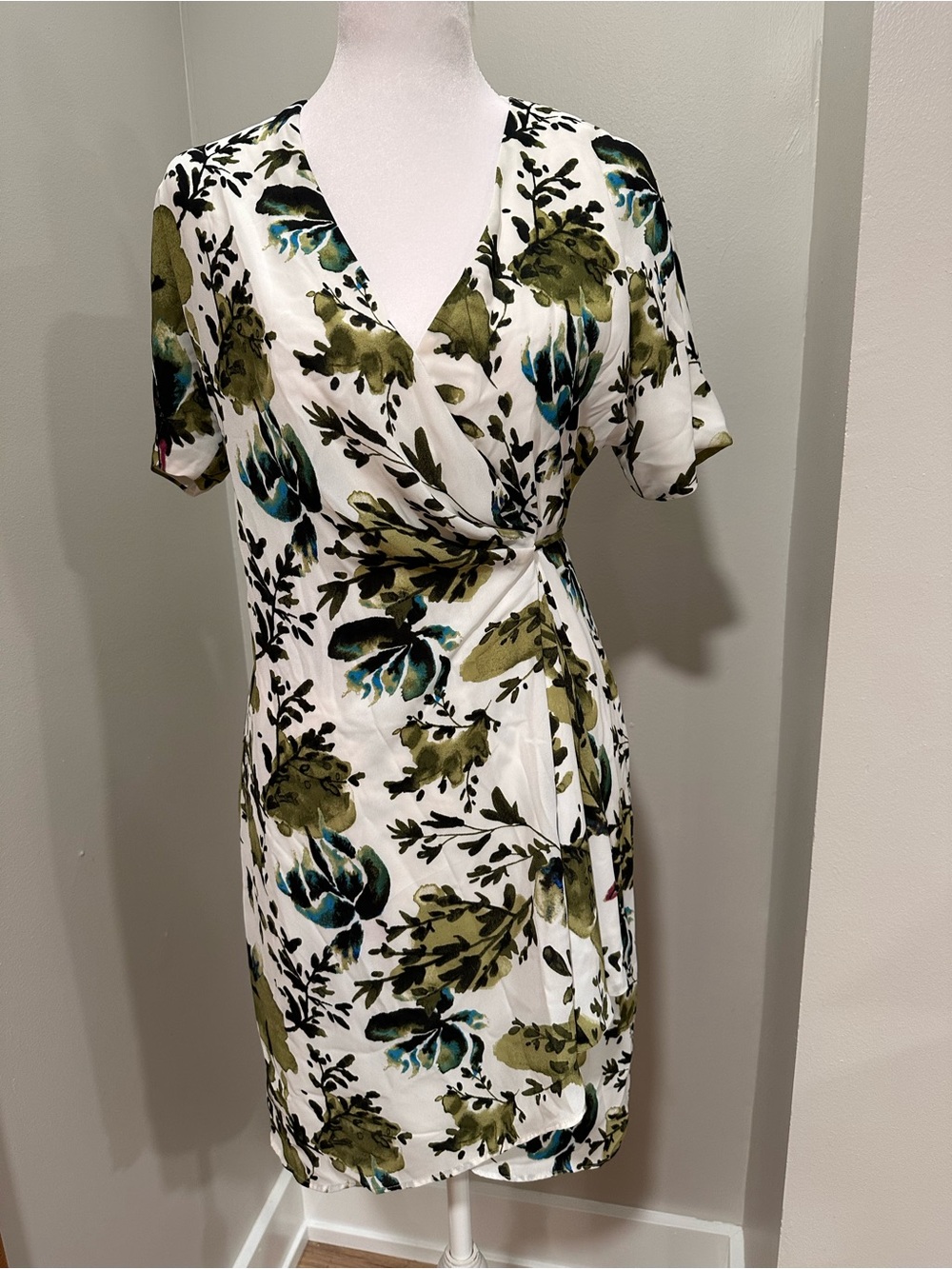 Babaton White Wrap Dress with Olive & Teal Floral Print